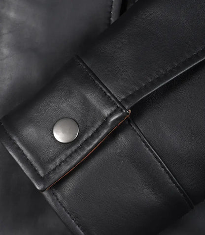 Womens High-Collar Black Leather Jacket With Brown Details