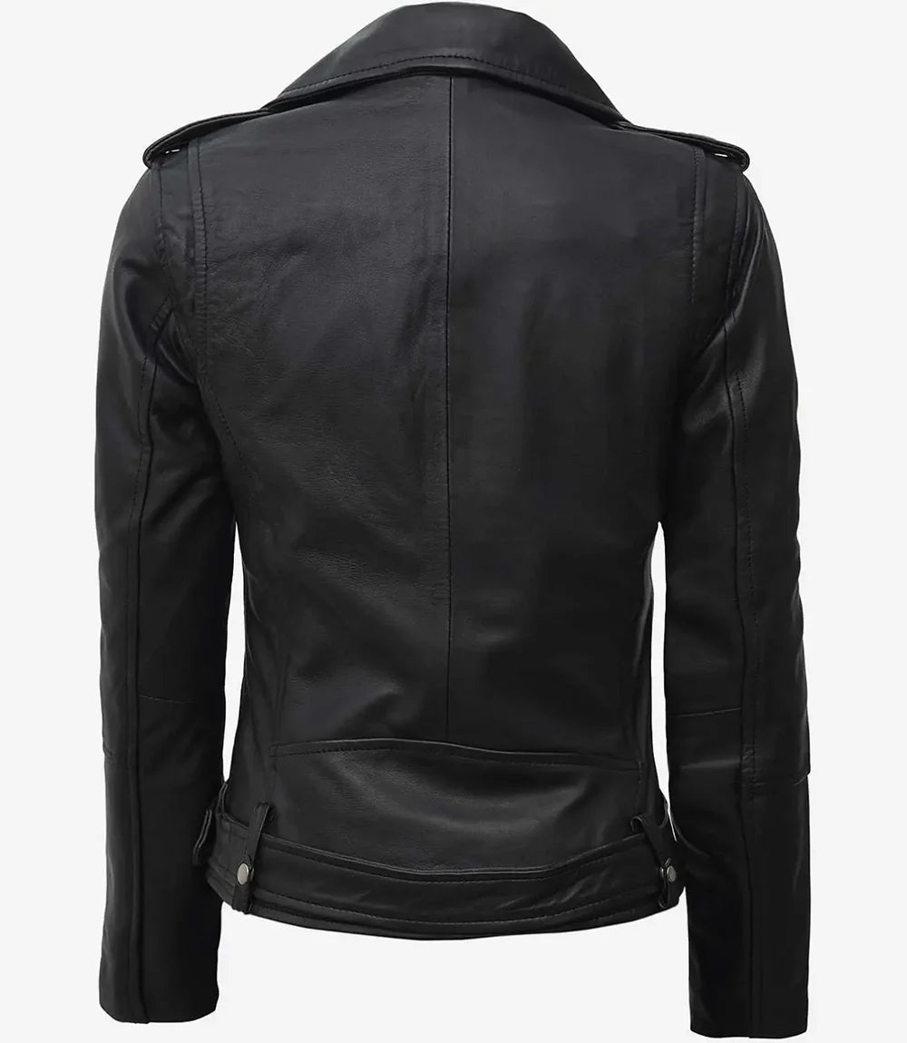 Margaret Womens Asymmetrical Black Biker Leather Jacket With Belt