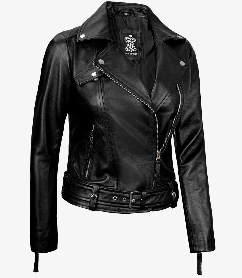Women's Black Asymmetrical Leather Biker Style Jacket