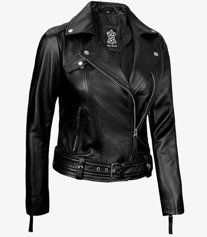 Women's Black Asymmetrical Leather Biker Style Jacket