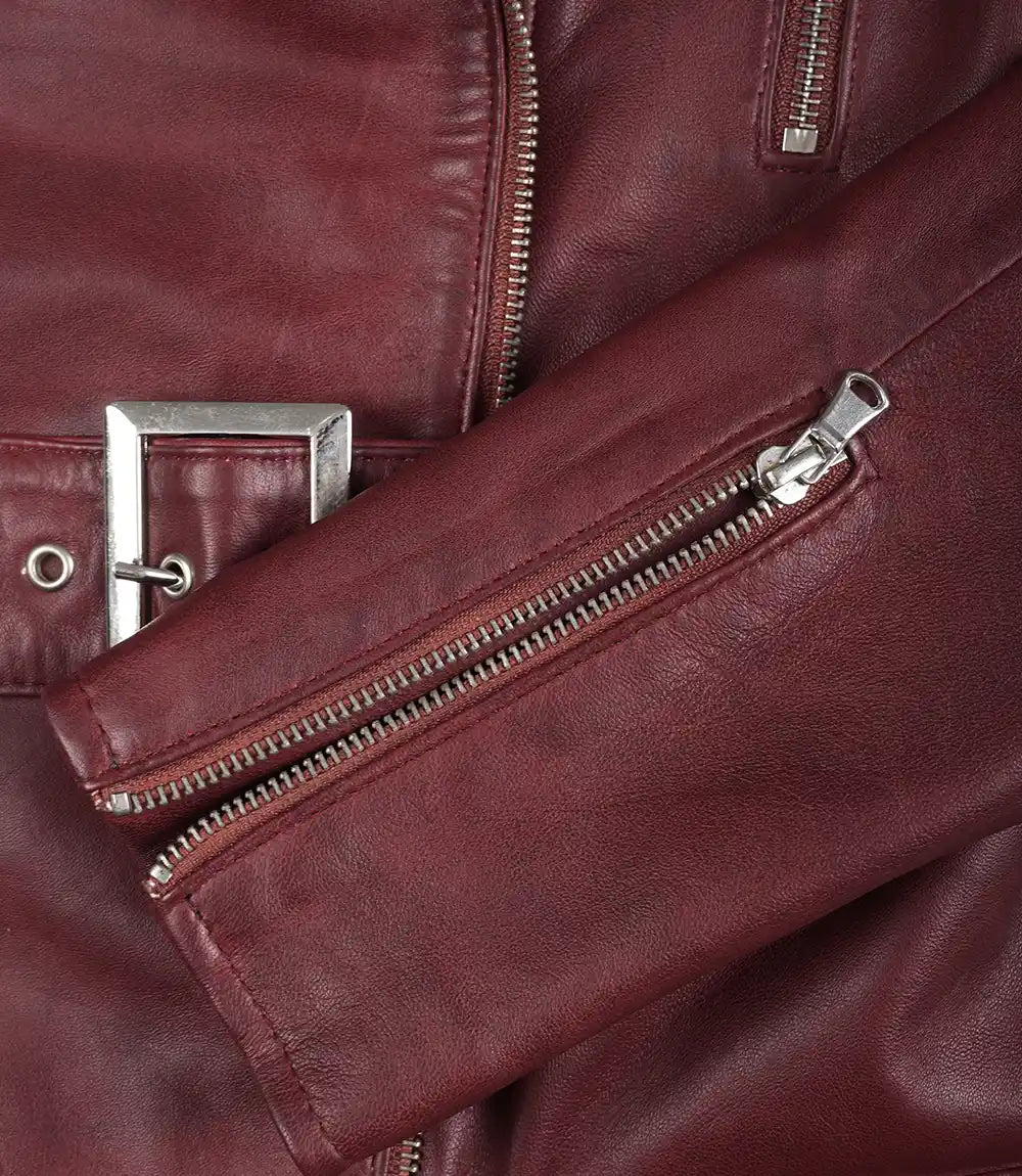Women's Asymmetrical Maroon Belted Biker Style Leather Jacket