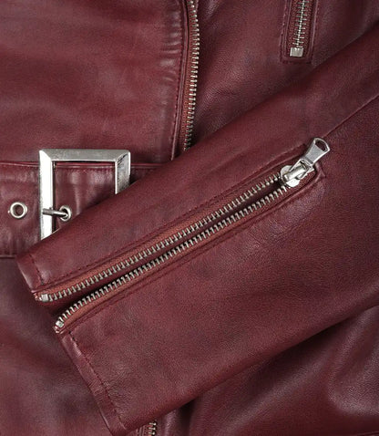 Women's Asymmetrical Maroon Belted Biker Style Leather Jacket