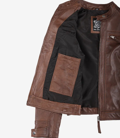 Womens Cognac Leather Biker Style Jacket - Quilted Shoulder