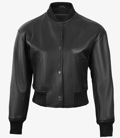 Womens Drop Shoulder Black Bomber Leather Jacket - Cropped Style
