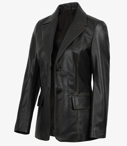 Women's Waxed Dark Brown Two Button Leather Blazer