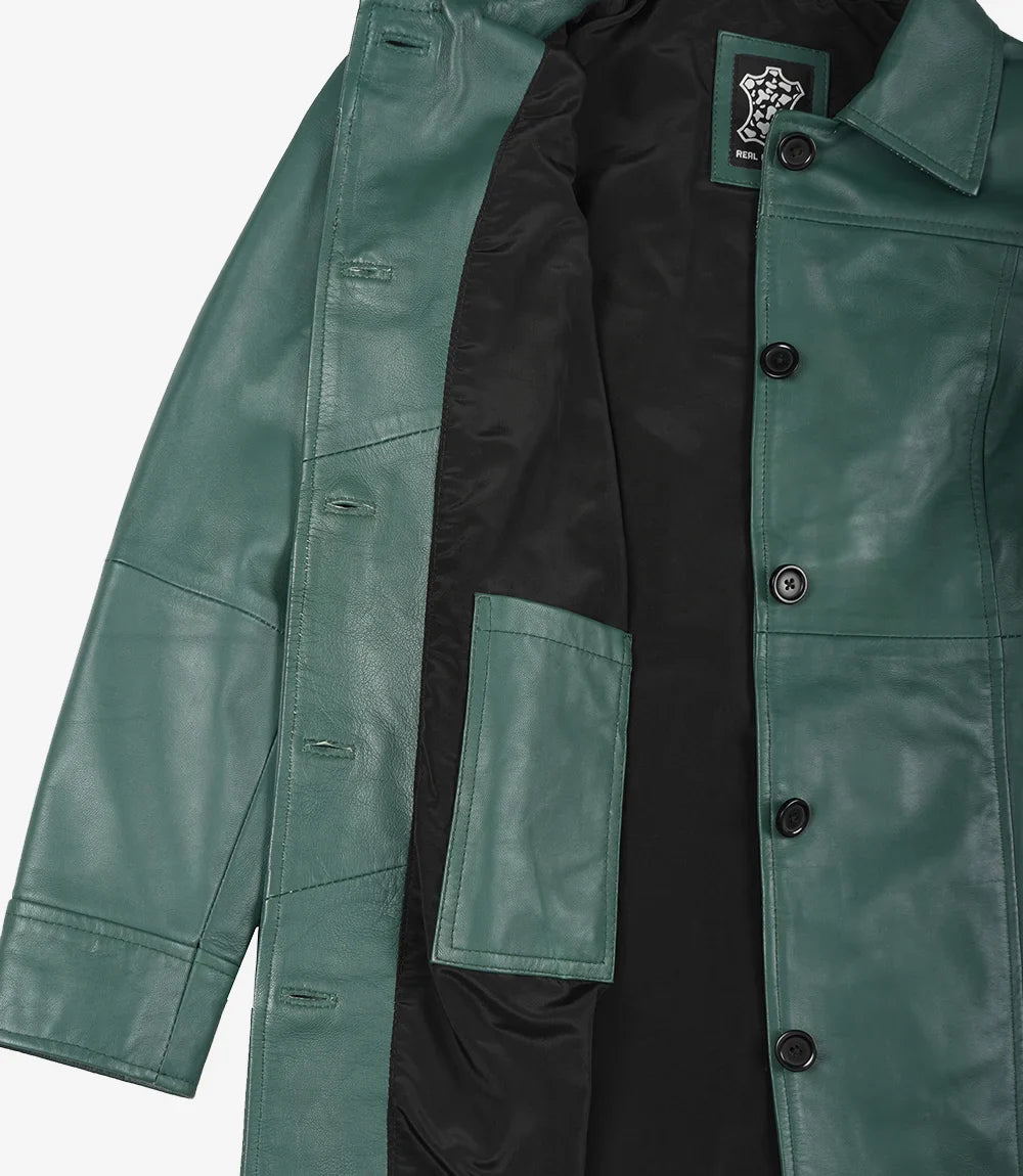 Women's Real Leather 3/4 Length Button Down Green Coat
