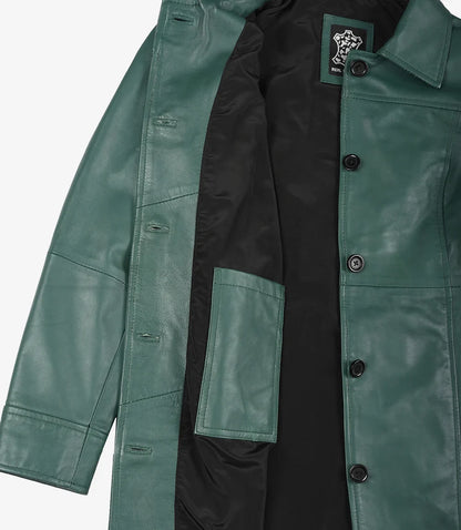 Women's Real Leather 3/4 Length Button Down Green Coat