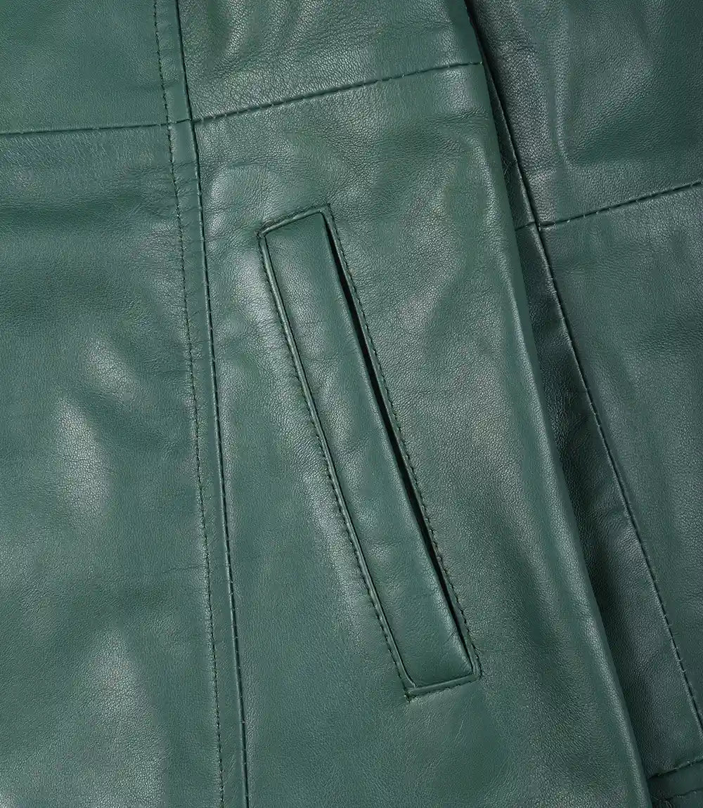 Women's Real Leather 3/4 Length Button Down Green Coat