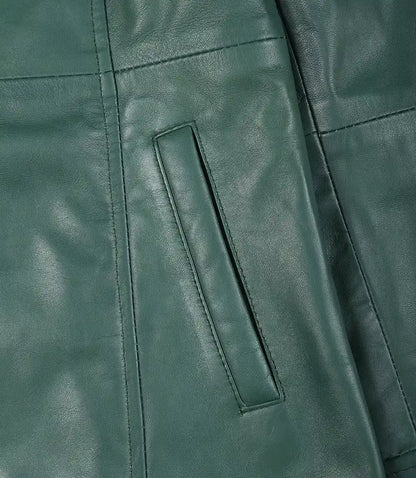 Women's Real Leather 3/4 Length Button Down Green Coat