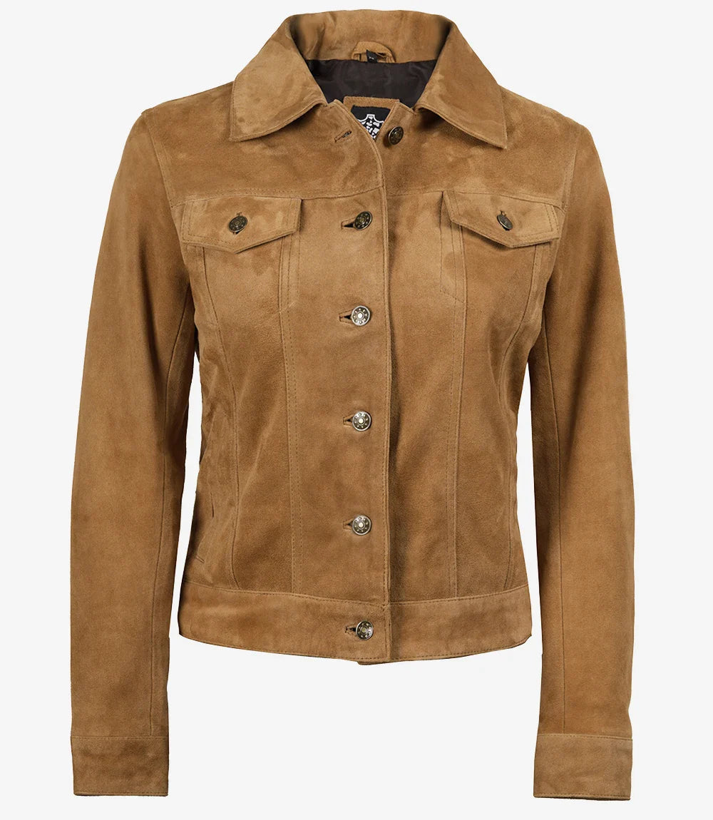 Women's Light Brown Suede Trucker Jacket
