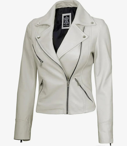 Women's Real Lambskin Leather Off White Biker Style Jacket