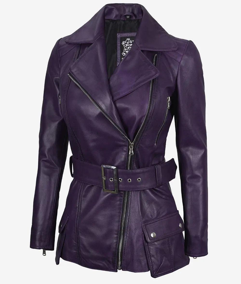 Women's Asymmetrical Purple Belted Biker Style Leather Jacket