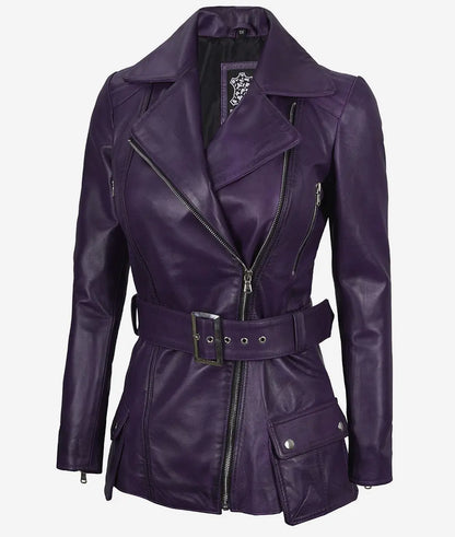 Women's Asymmetrical Purple Belted Biker Style Leather Jacket