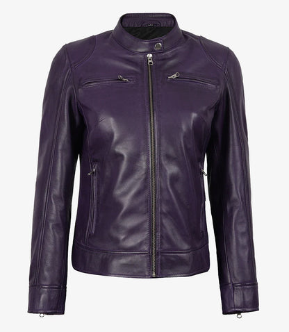 Dodge Womens Real Lambskin Leather Purple Biker Style Jacket