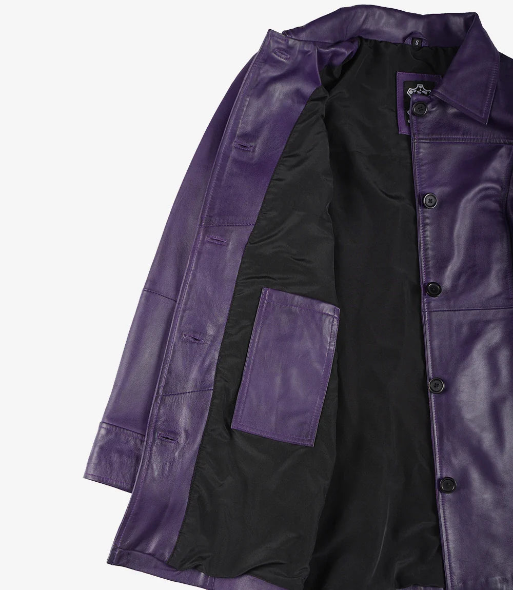 Women's 3/4 Length Button Down Purple Leather Coat