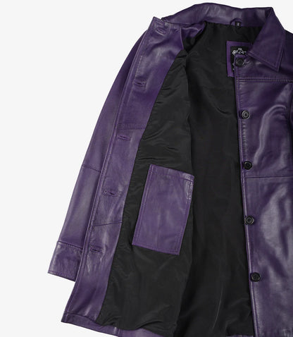 Women's 3/4 Length Button Down Purple Leather Coat