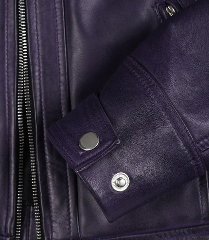 Women's Purple Biker Style Leather Jacket - Quilted Shoulder