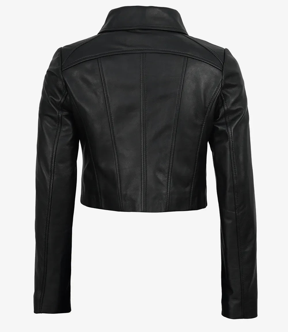 Marsha Women's Cropped Black Leather Jacket with Shirt Collar