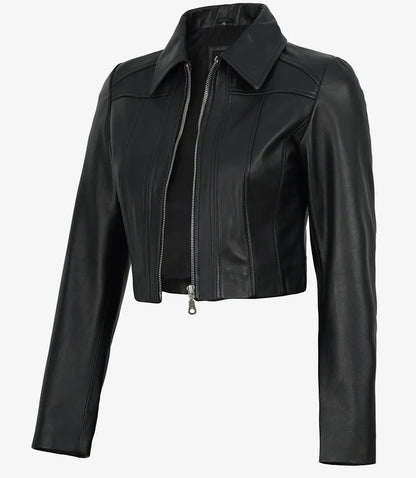 Marsha Women's Cropped Black Leather Jacket with Shirt Collar