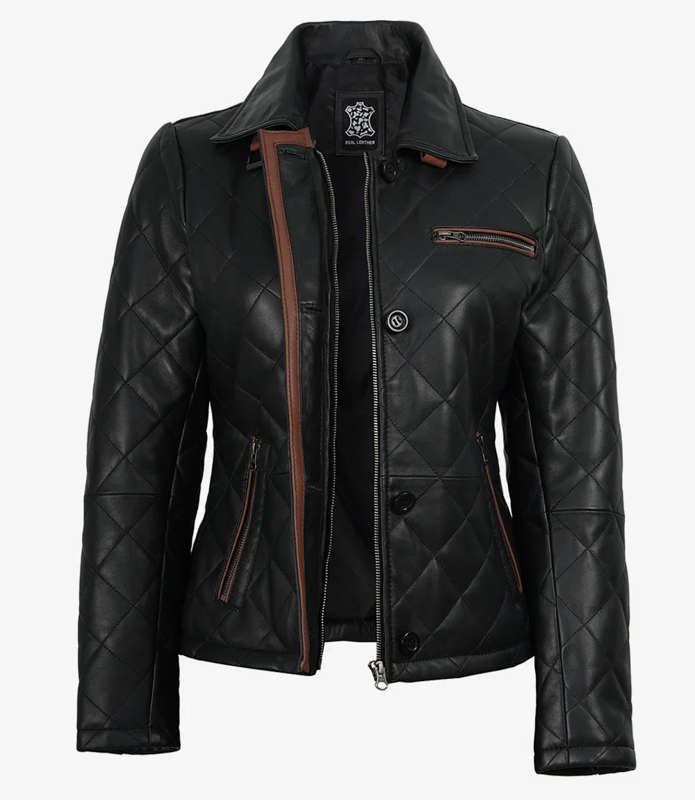 Glen Women's Black Diamond Quilted Leather Jacket with Brown Trim