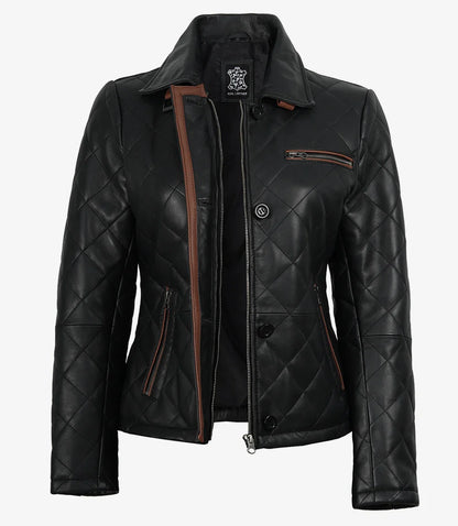 Glen Women's Black Diamond Quilted Leather Jacket with Brown Trim