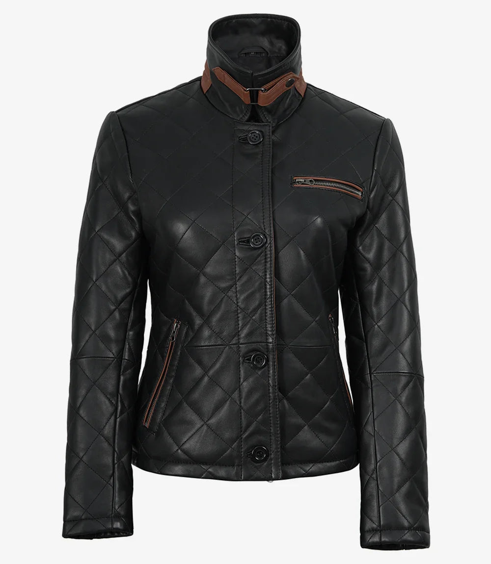 Glen Women's Black Diamond Quilted Leather Jacket with Brown Trim