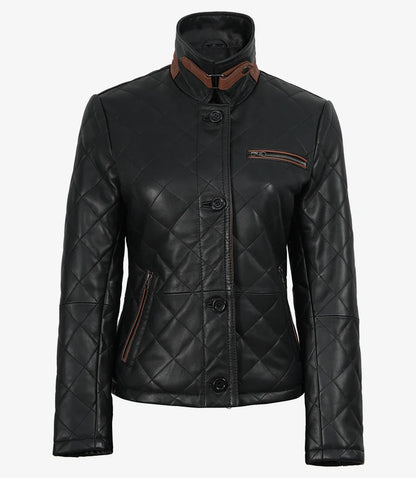 Glen Women's Black Diamond Quilted Leather Jacket with Brown Trim