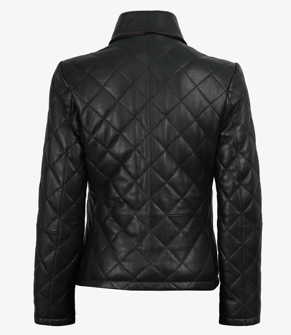 Glen Women's Black Diamond Quilted Leather Jacket with Brown Trim