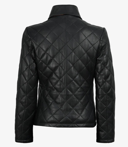 Glen Women's Black Diamond Quilted Leather Jacket with Brown Trim
