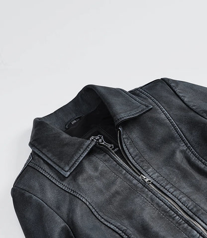 Jose Womens Black Shirt Collar Harrington Washed Leather Jacket