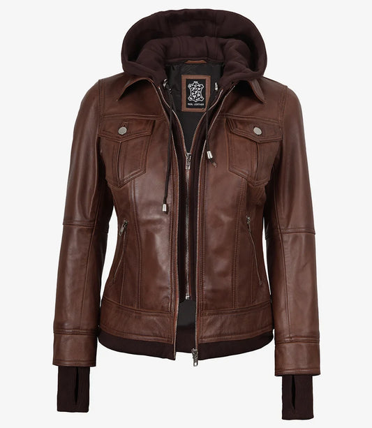 Tralee Women's Cognac Wax Bomber Leather Jacket With Removable Hood