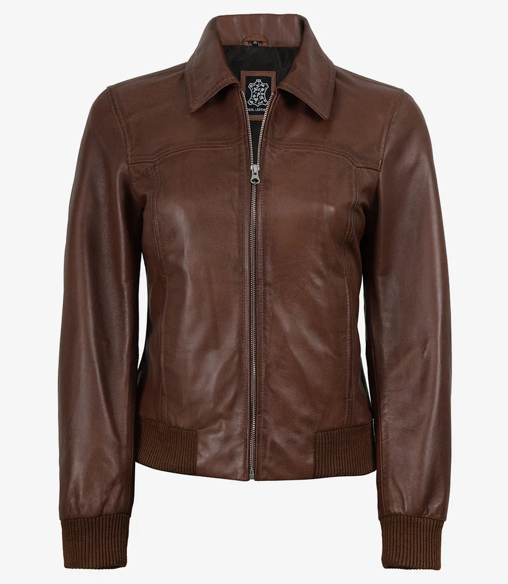 Women's Cognac Waxed Leather Bomber Jacket with Shirt Collar