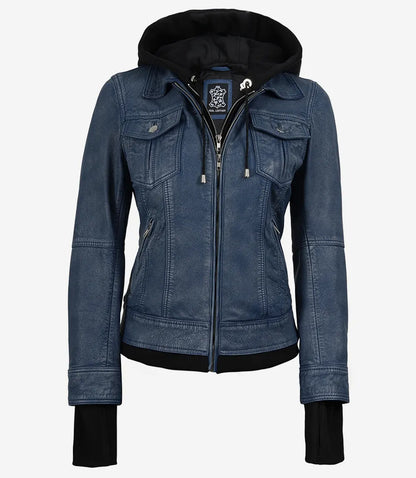 The Céleste: Womens Blue Washed Bomber Leather Jacket with Removable Hood