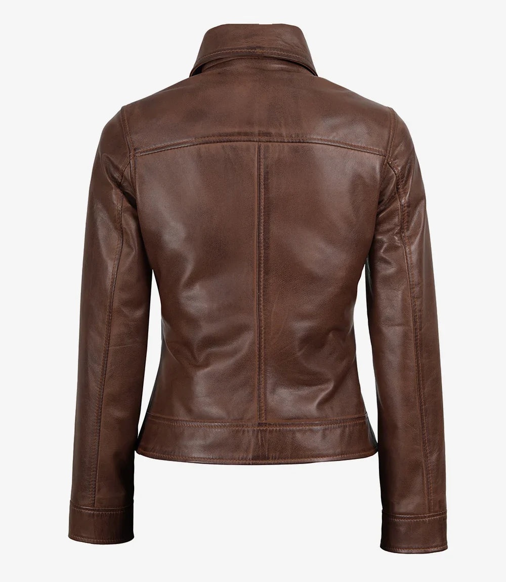 Women's Brown Cognac Waxed Shirt Collar Leather Jacket