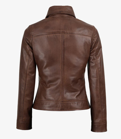 Women's Brown Cognac Waxed Shirt Collar Leather Jacket