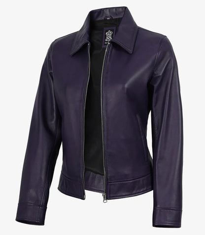 Women's Purple Waxed Shirt Collar Harrington Leather Jacket