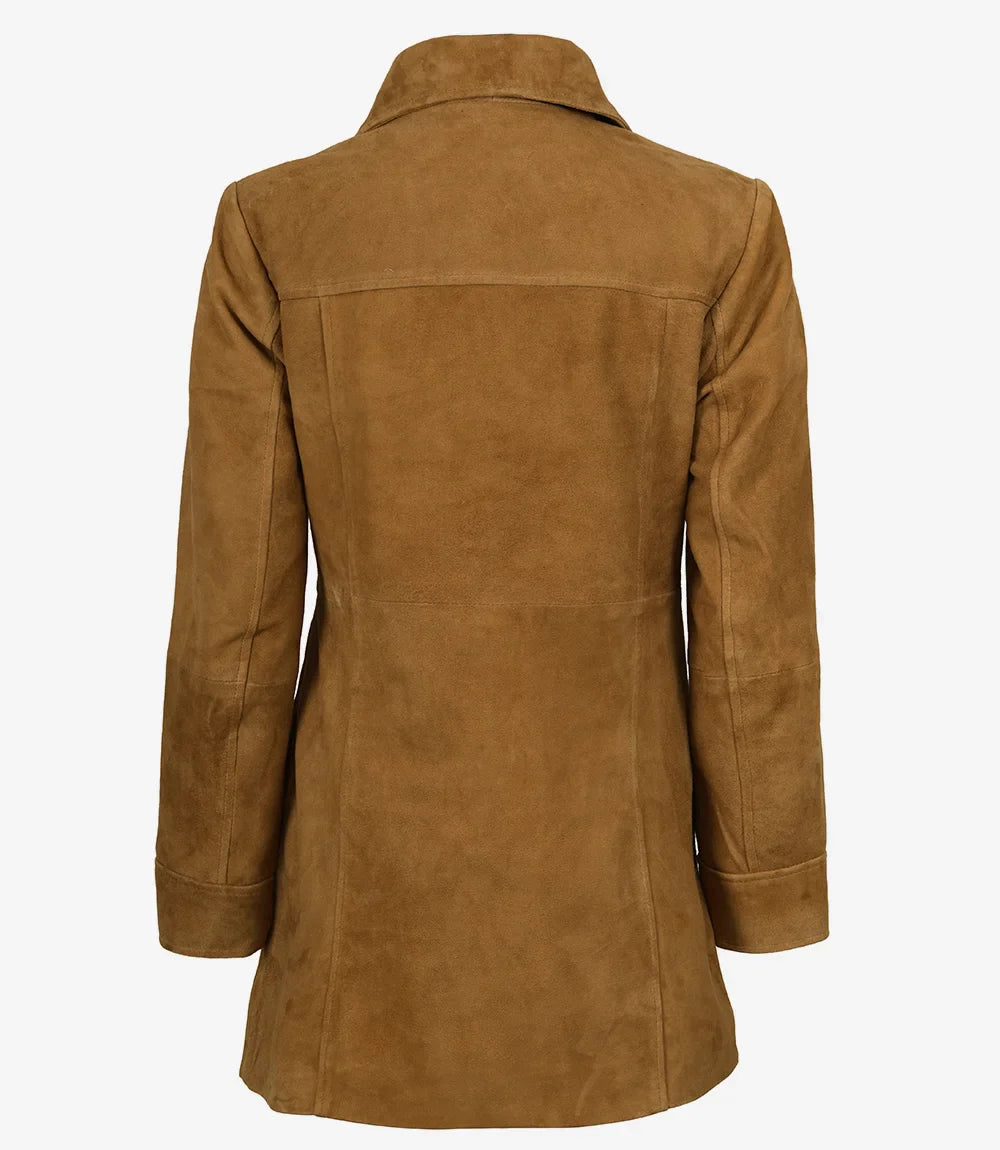 Women's 3/4 Length Button Down Brown Suede Coat