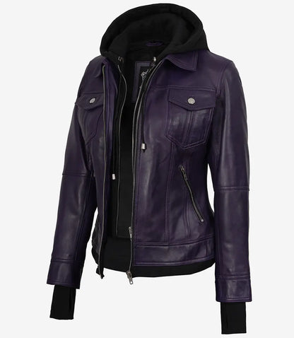 Women's Purple Bomber Leather Jacket - Removable Hood