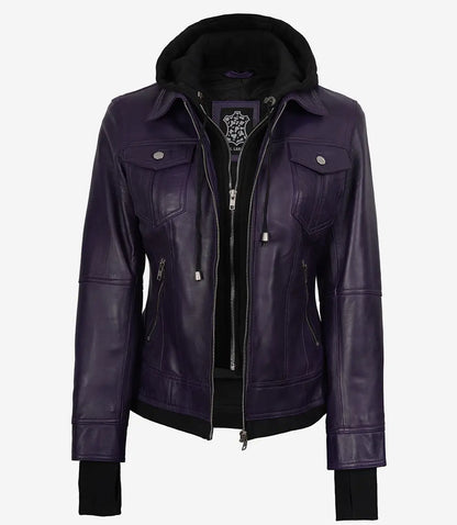 Women's Purple Bomber Leather Jacket - Removable Hood