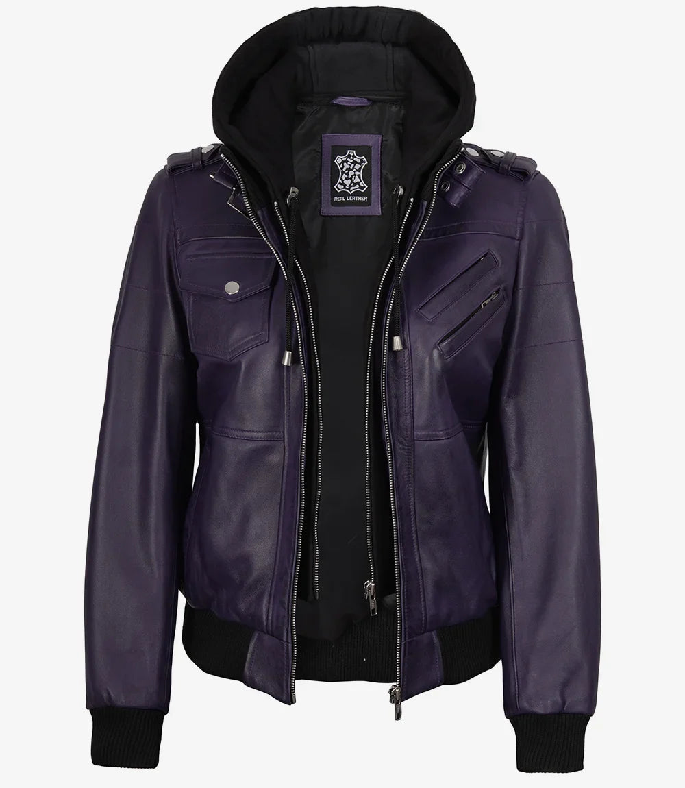 Women's Purple Bomber Leather Jacket with Removable Hood