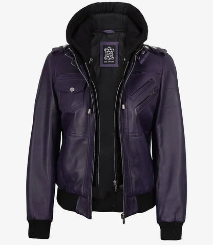 Women's Purple Bomber Leather Jacket with Removable Hood