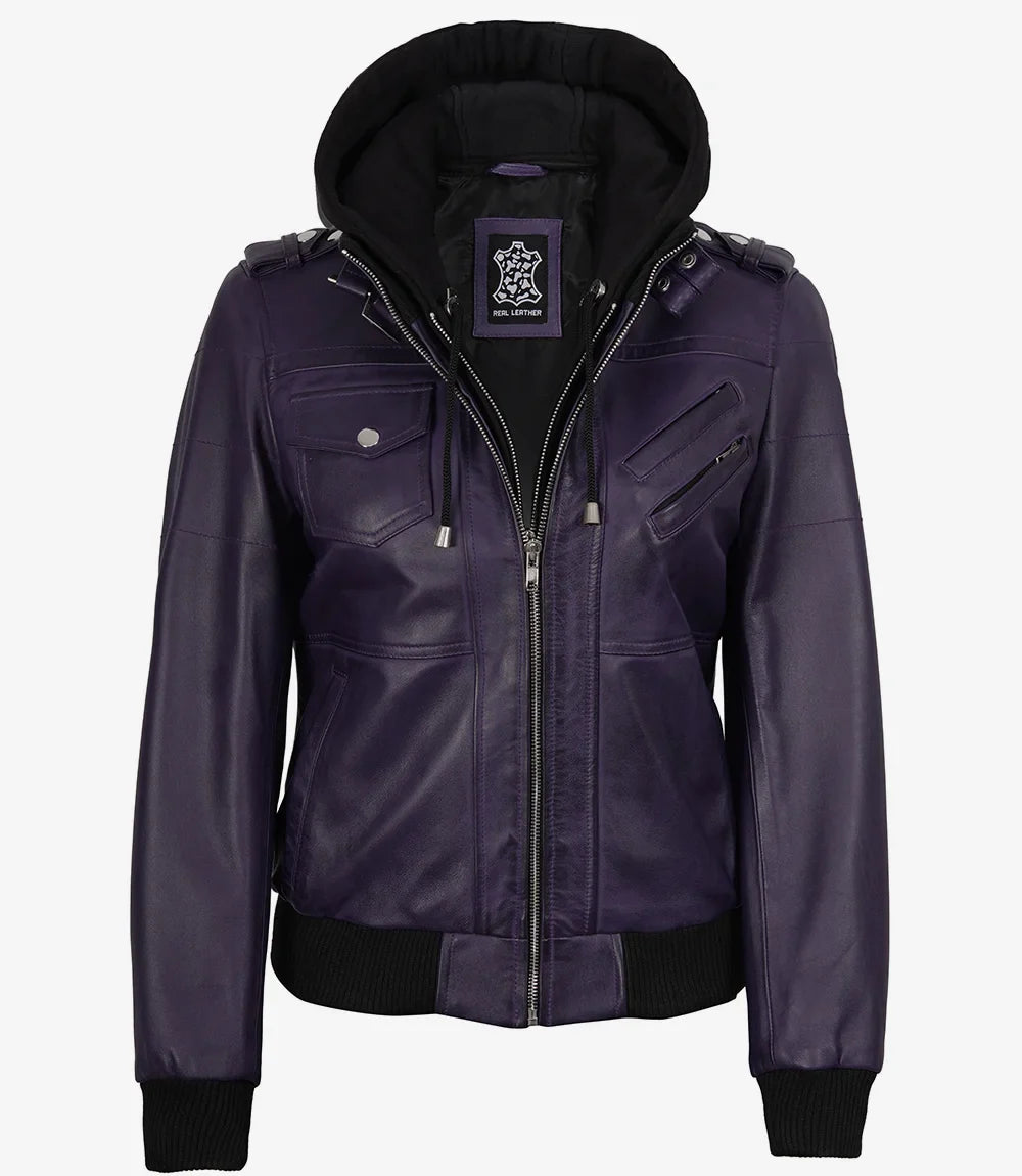 Women's Purple Bomber Leather Jacket with Removable Hood