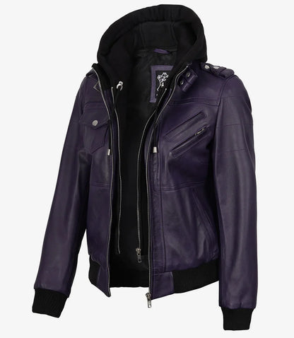 Women's Purple Bomber Leather Jacket with Removable Hood
