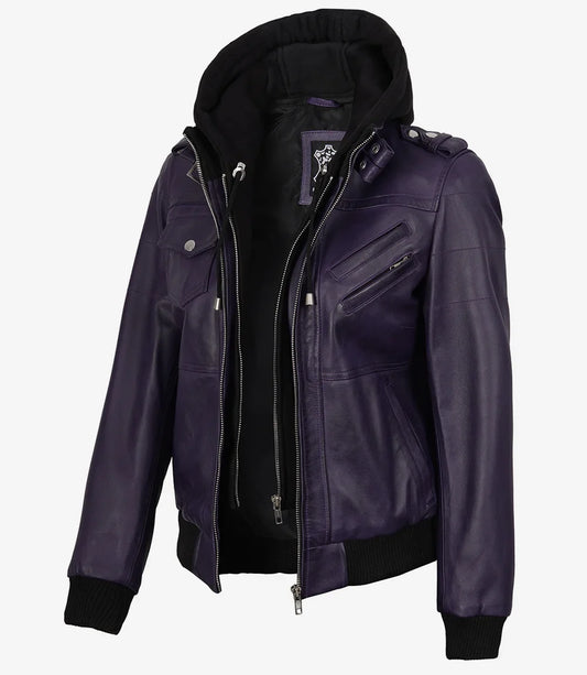 Women's Purple Bomber Leather Jacket with Removable Hood