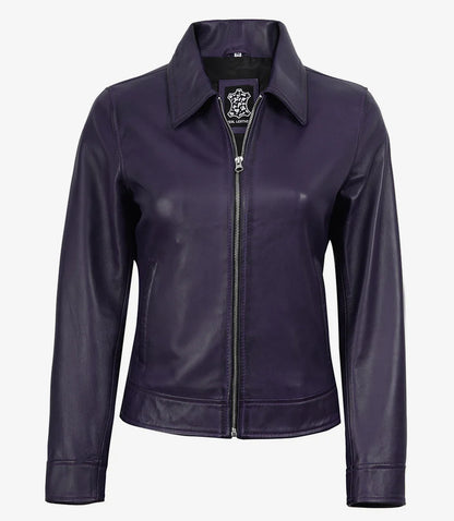 Women's Purple Waxed Shirt Collar Harrington Leather Jacket