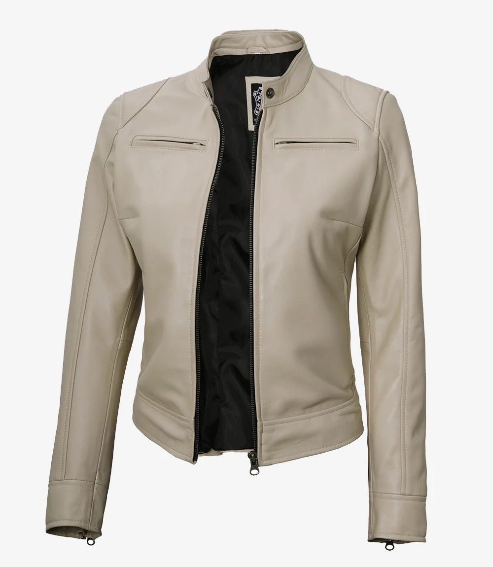 Dodge Beige Biker Style Leather Jacket for Women