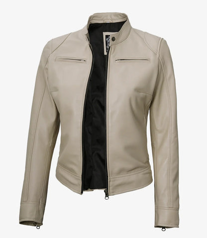 Dodge Beige Biker Style Leather Jacket for Women