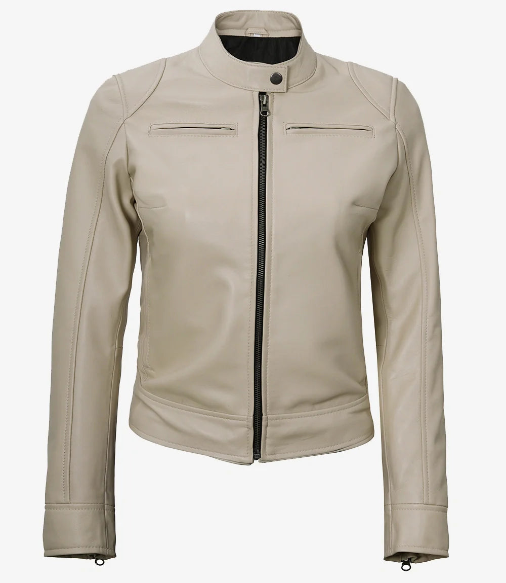 Dodge Beige Biker Style Leather Jacket for Women