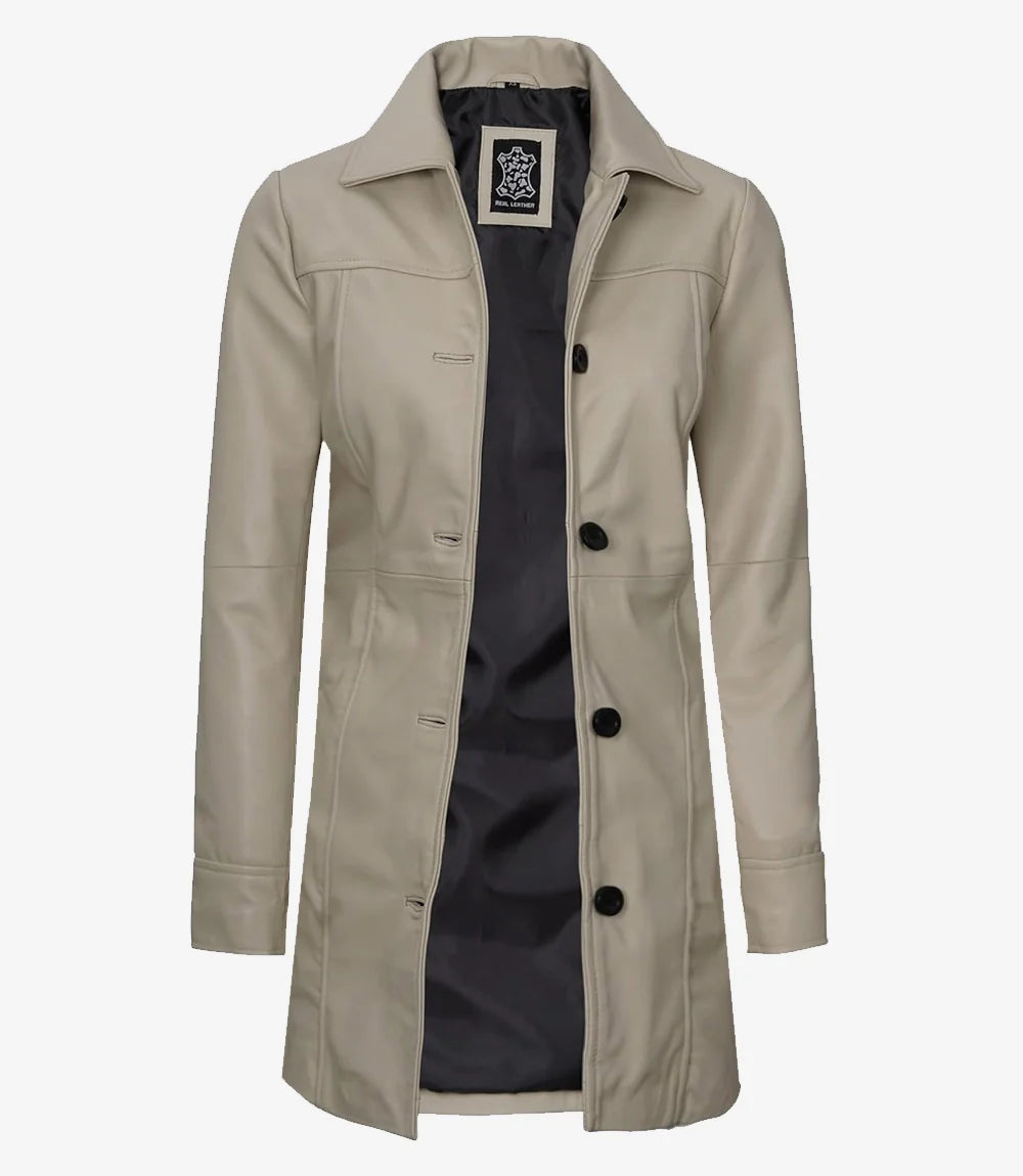 Women's Real Lambskin Leather 3/4 Length Beige Coat