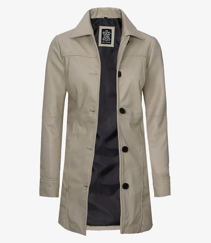 Women's Real Lambskin Leather 3/4 Length Beige Coat